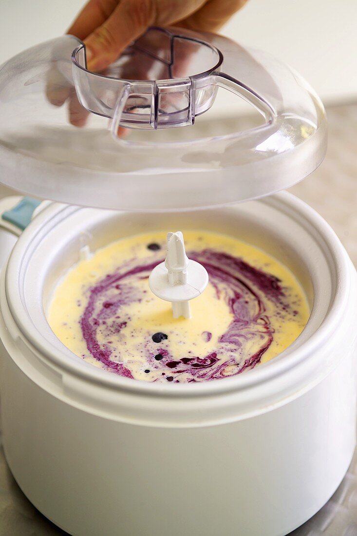 Making blueberry ice cream in an ice cream maker