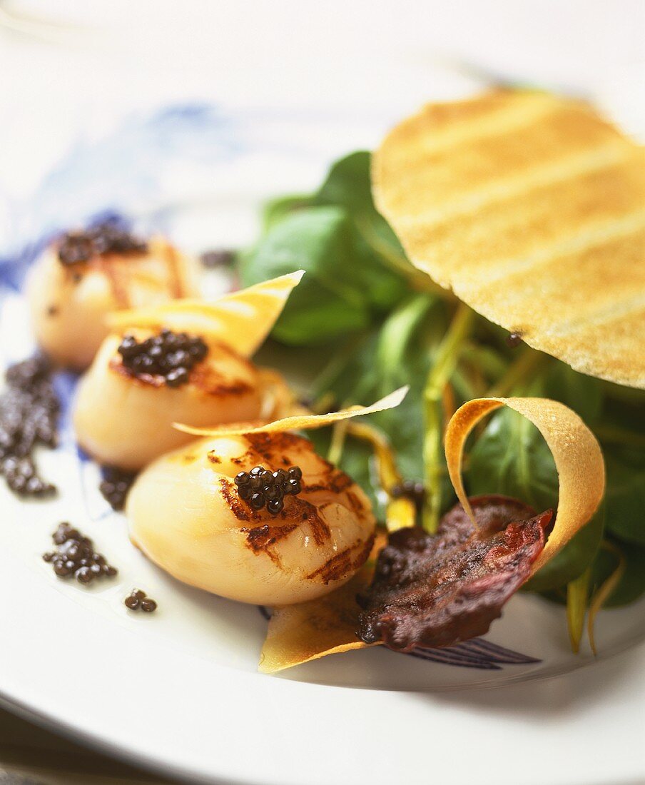 Grilled scallops with caviar