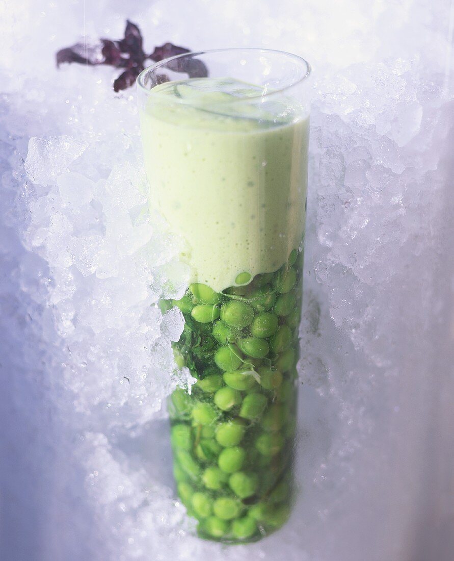 Pea milk shake surrounded by ice