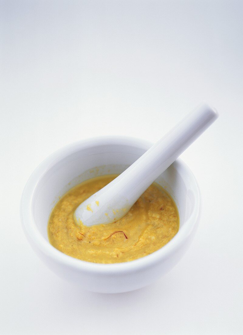 Rouille sauce in a mortar
