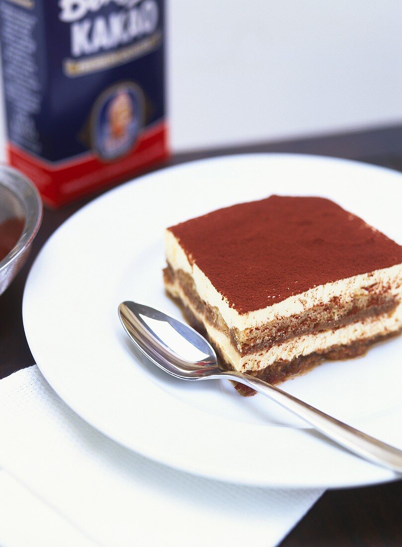 A piece of tiramisu on a plate