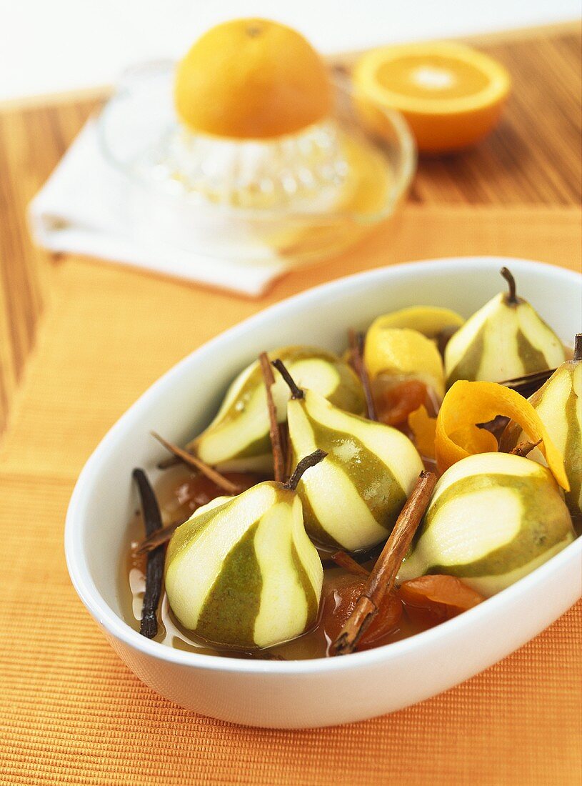 Pears and apricots in baking dish (unbaked)