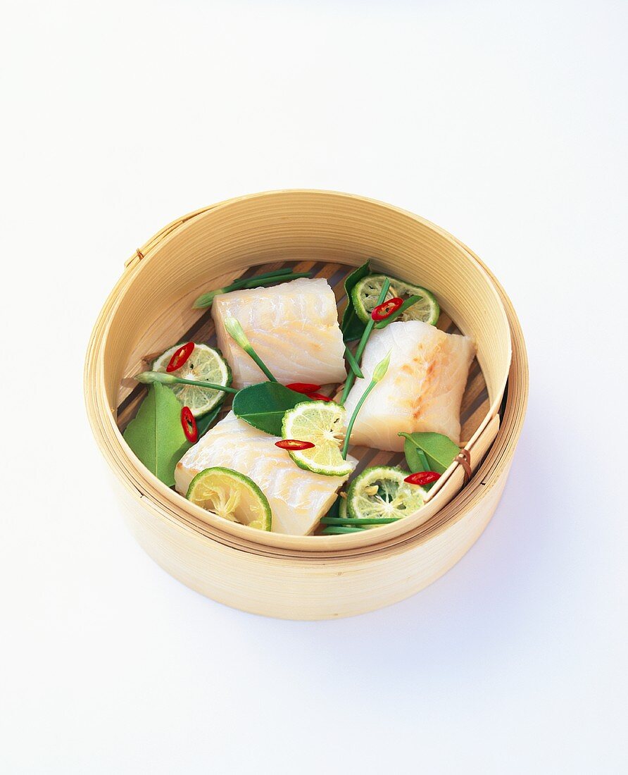 Steamed cod fillet with lime and Thai chives