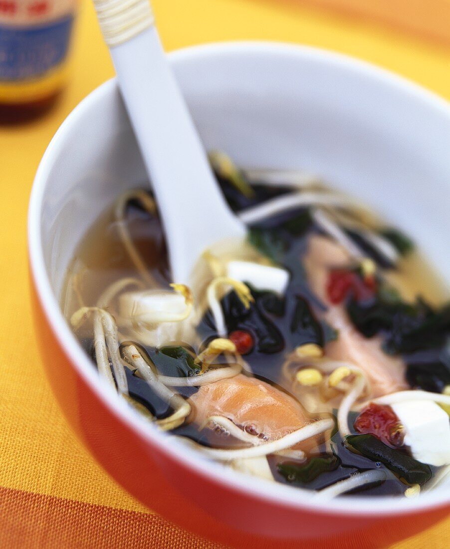 Miso soup with salmon and soya sprouts
