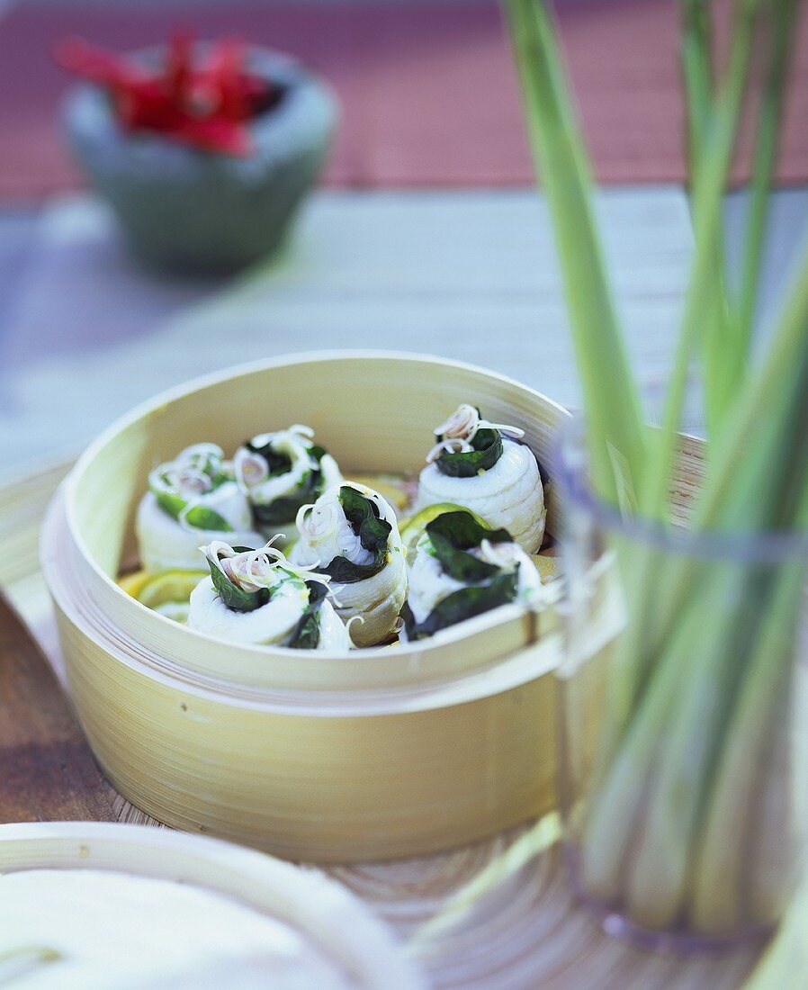 Sole rolls with lemon grass and salad burnet