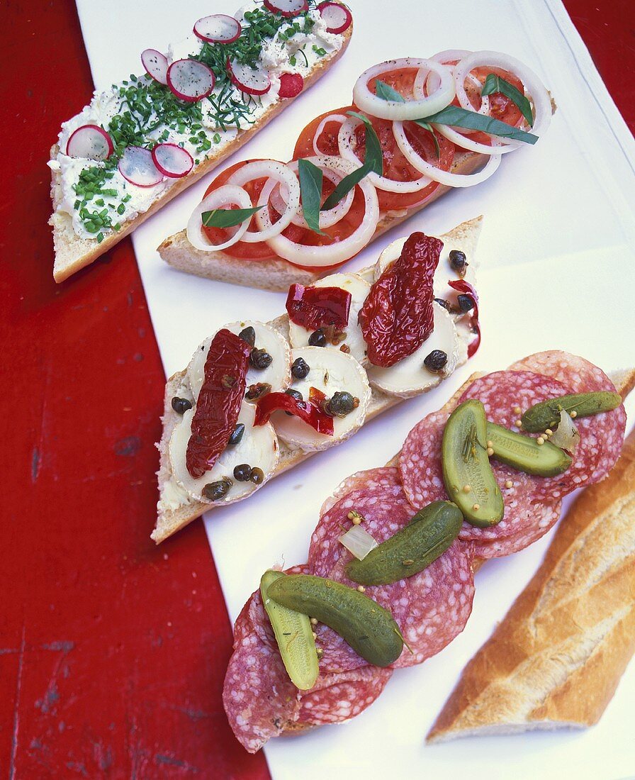 Baguettes with various toppings