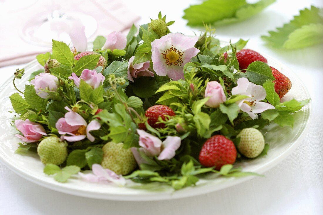 Wreath of dog roses and strawberries on a plate