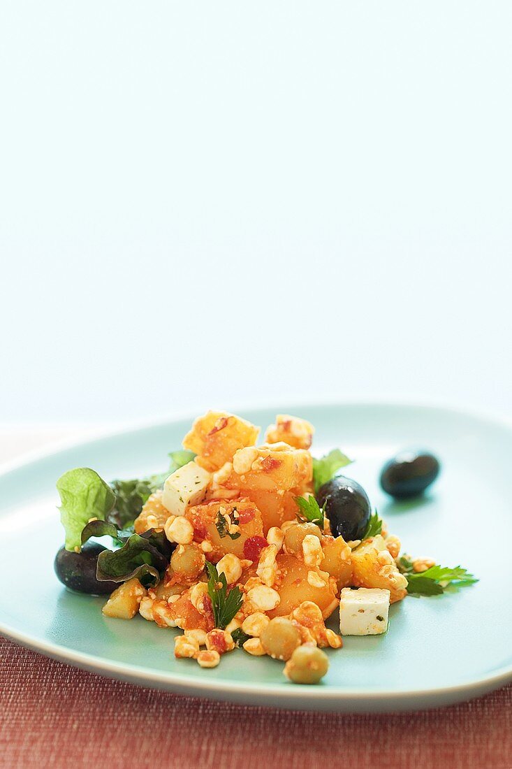 Greek potato salad with olives and feta