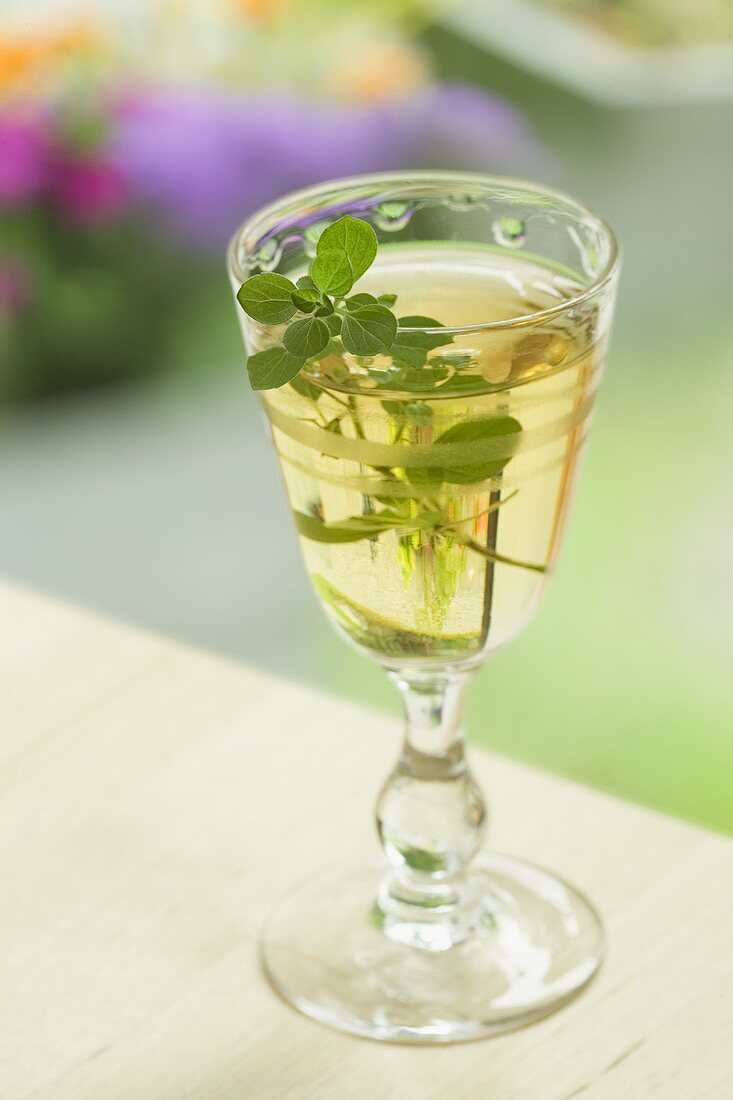 A glass of thyme liqueur