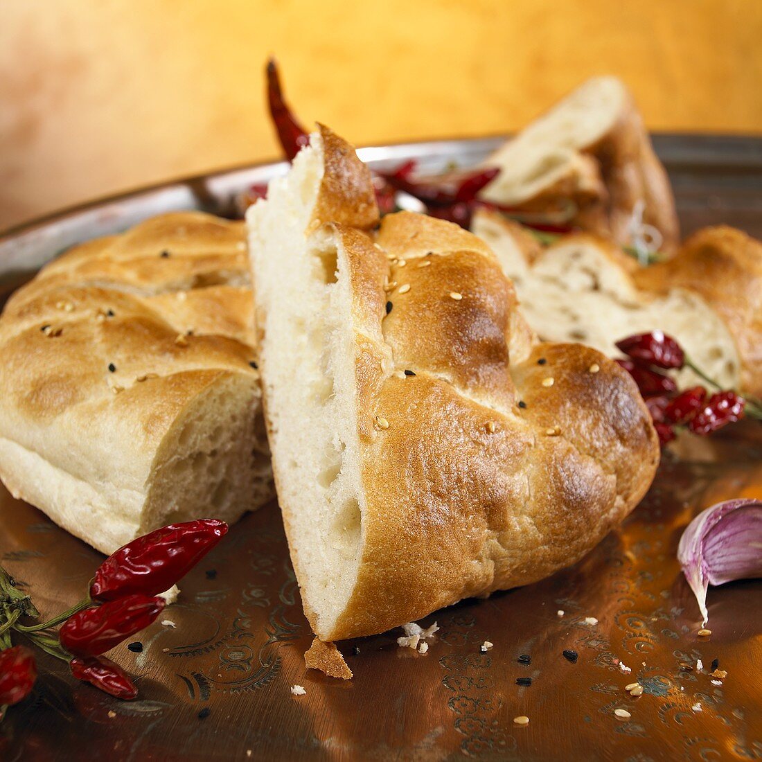 Pieces of flatbread with chillies and garlic