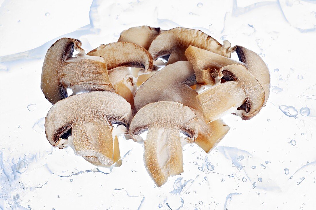 Frozen mushroom slices on ice