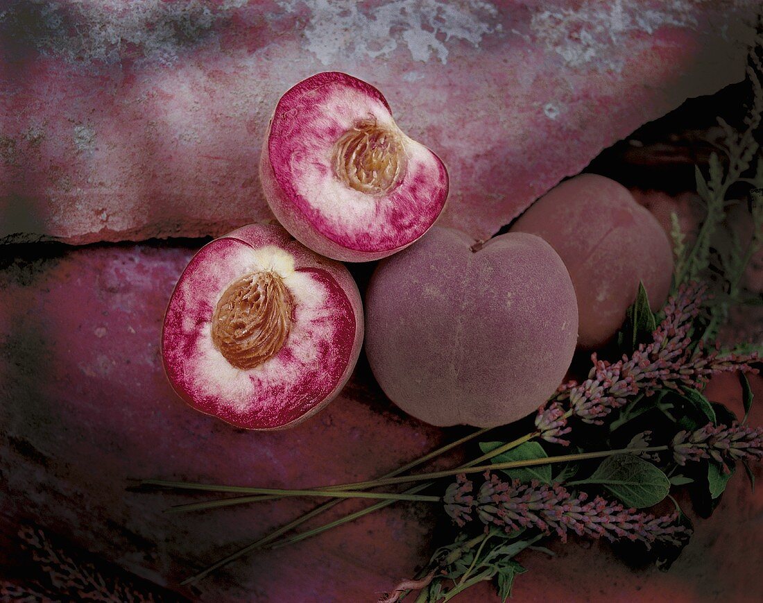 Peaches and lavender flowers