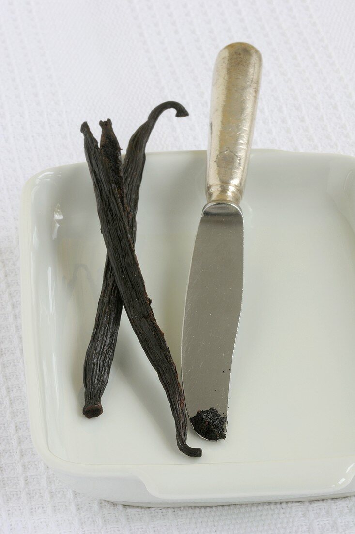 Vanilla pods and vanilla seeds on a knife