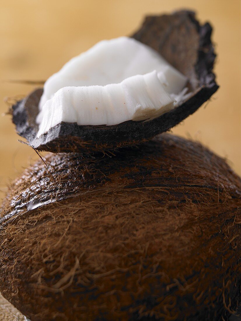 A piece of coconut on a whole coconut