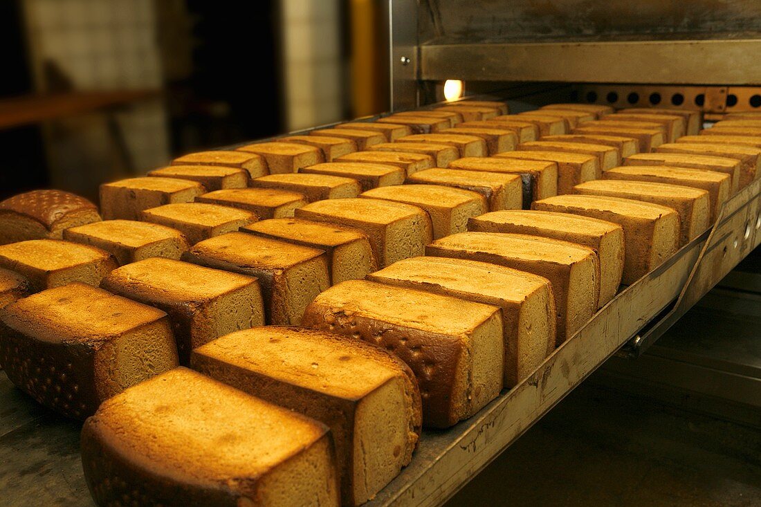 Loaves of bread on baking production line