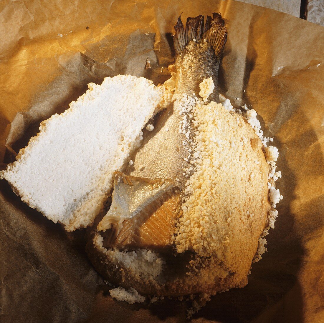 Salmon trout in salt crust