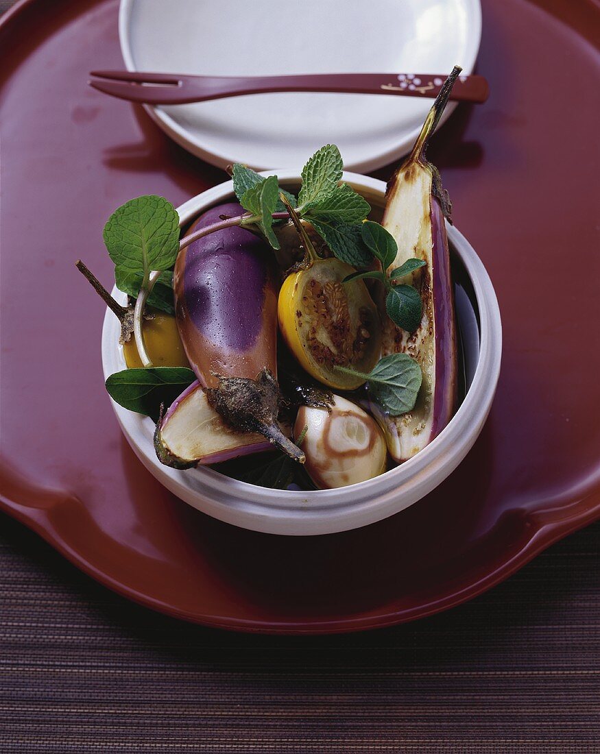 Marinated Thai aubergines with mint and oregano