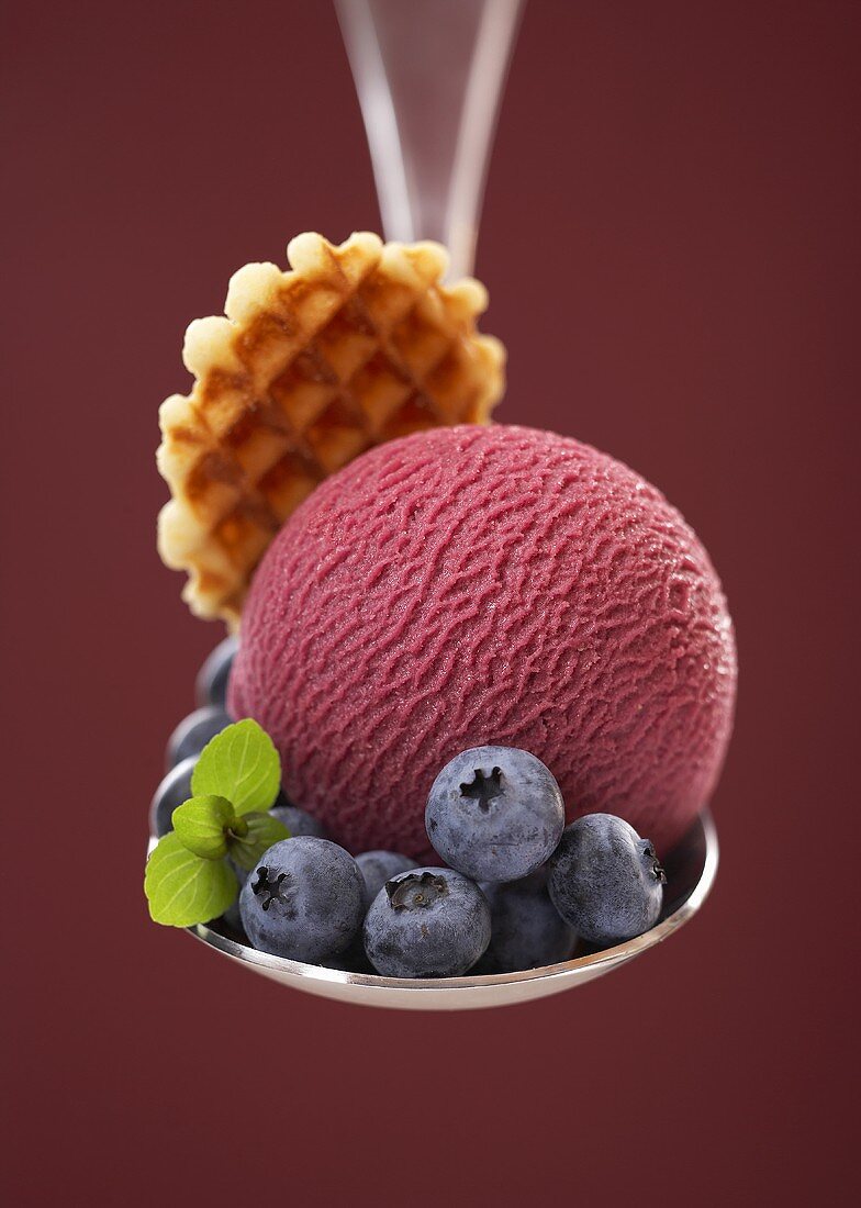 Fruits of the forest sorbet with blueberries on a spoon
