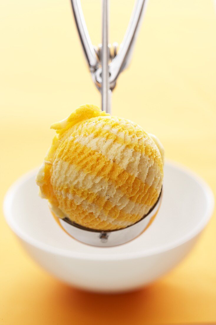 Orange and vanilla ice cream in ice cream scoop