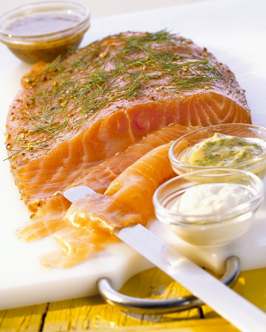 Marinated salmon with three sauces