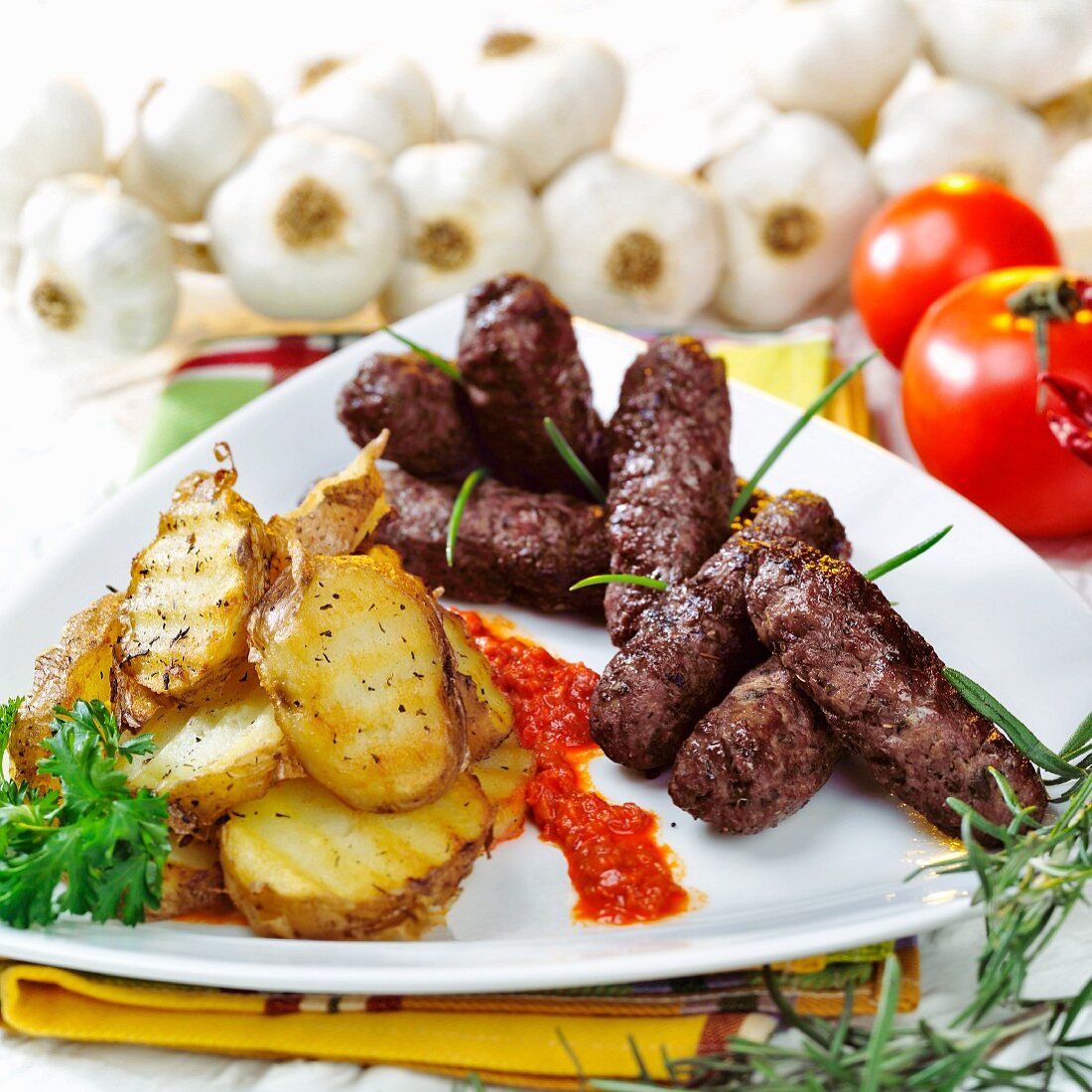 Cevapcici with grilled potato slices
