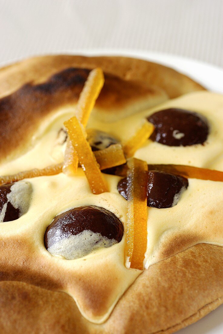 Yeasted pastry with chocolate balls & candied orange zest