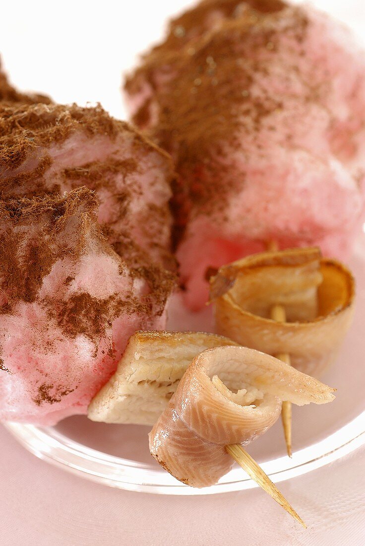 Eel with pink candyfloss and cocoa