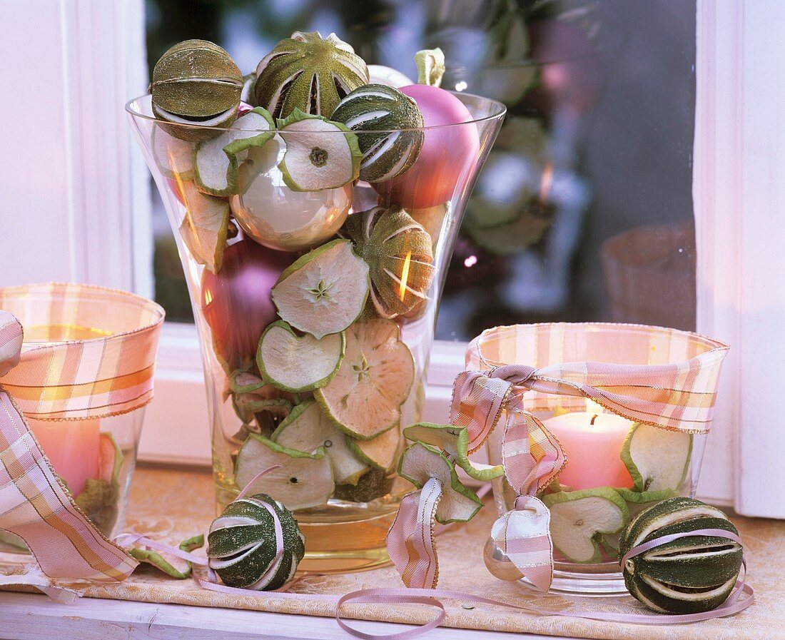 Dried fruits in glass container, windlights