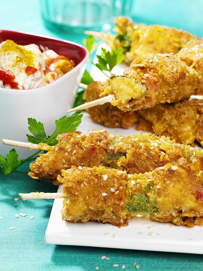 Chicken and vegetable skewers (deep-fried in batter)