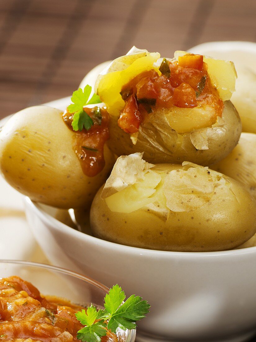 Boiled potatoes (unpeeled) with ajvar dip