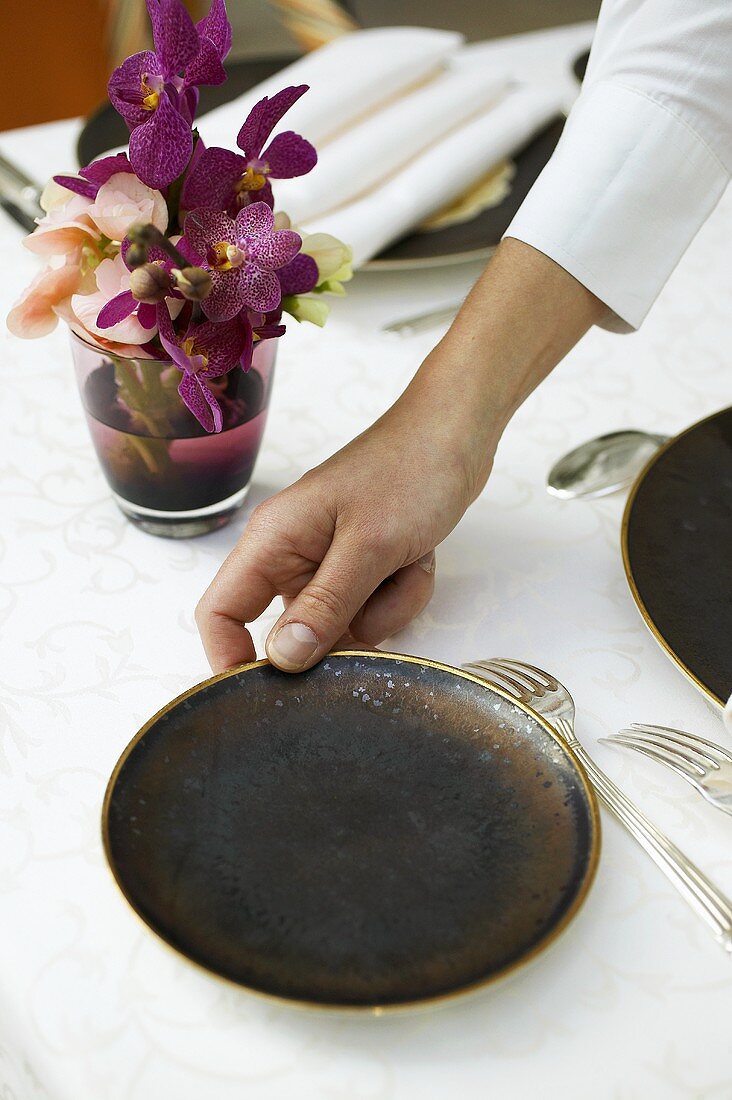 Putting a plate on a table (laying the table)