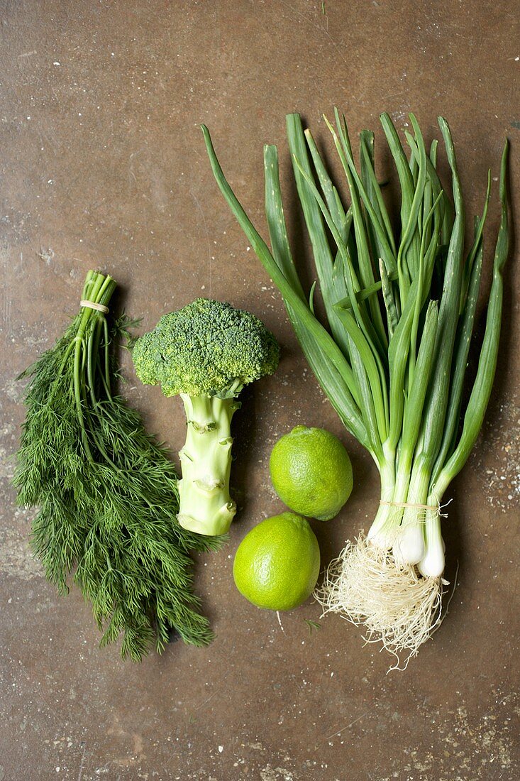 Fresh vegetables, dill and limes