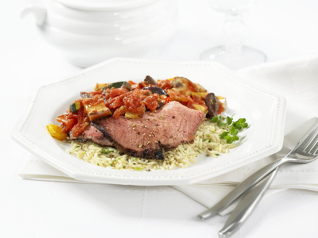 Beef with ratatouille and rice