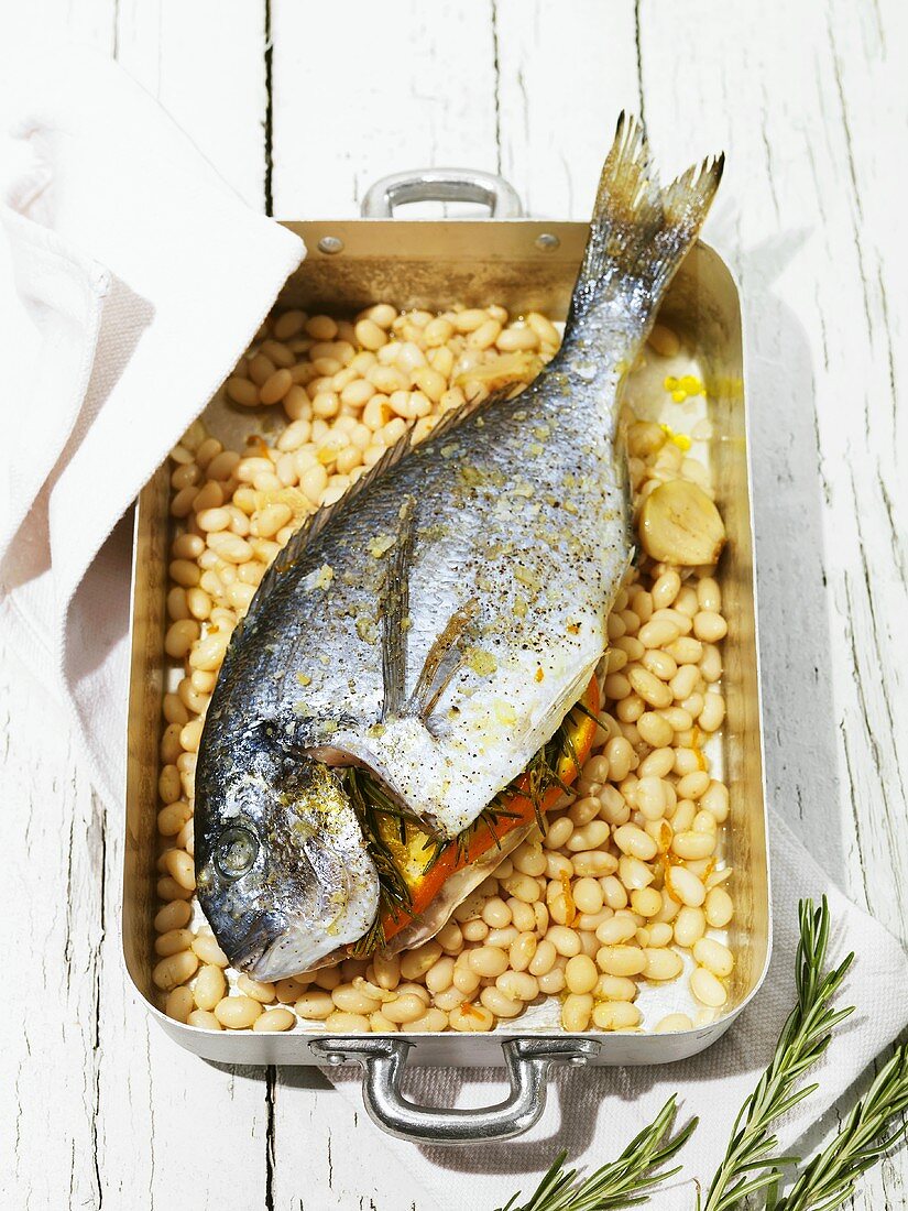 Baked sea bream on Tuscan beans