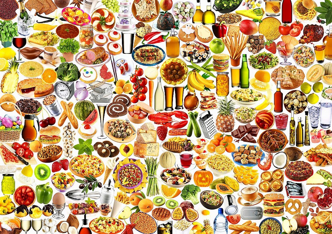 Colourful mixture of foods and dishes