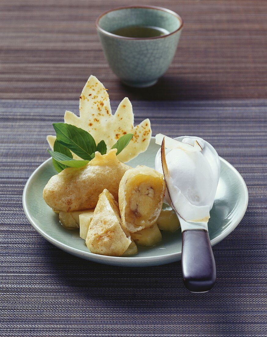 Banana fritters with coconut ice cream