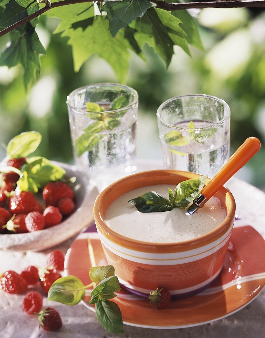 Custard with fresh basil and berries