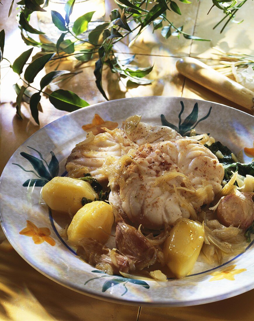 Monkfish with cress, potatoes and garlic