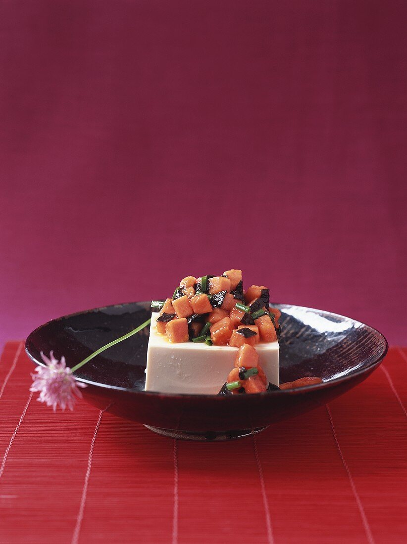 Tofu square with nori and papaya salad