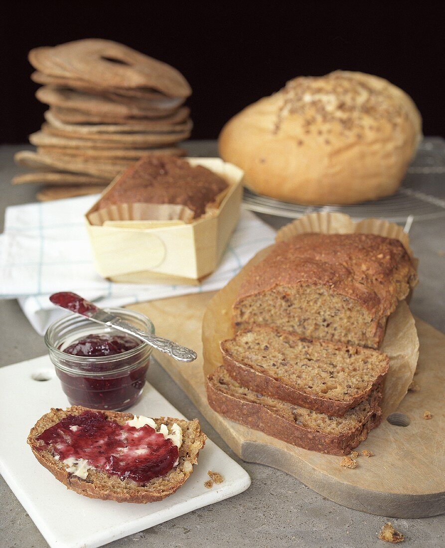 A selection of Swedish breads and berry jam