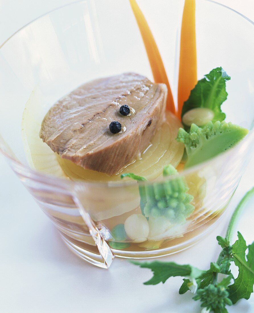 Poached veal fillet with vegetables