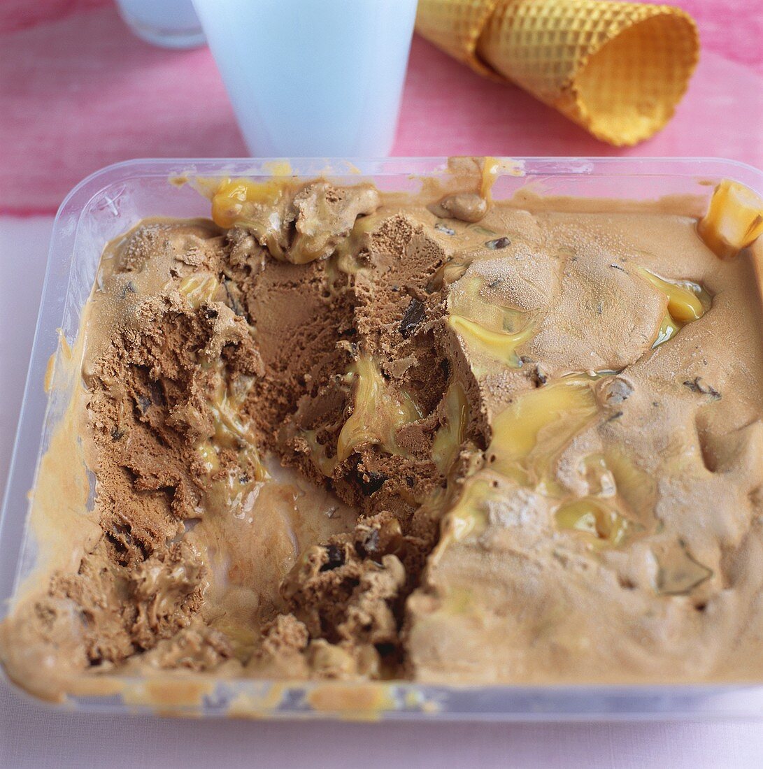 Chocolate and caramel ice cream in a container