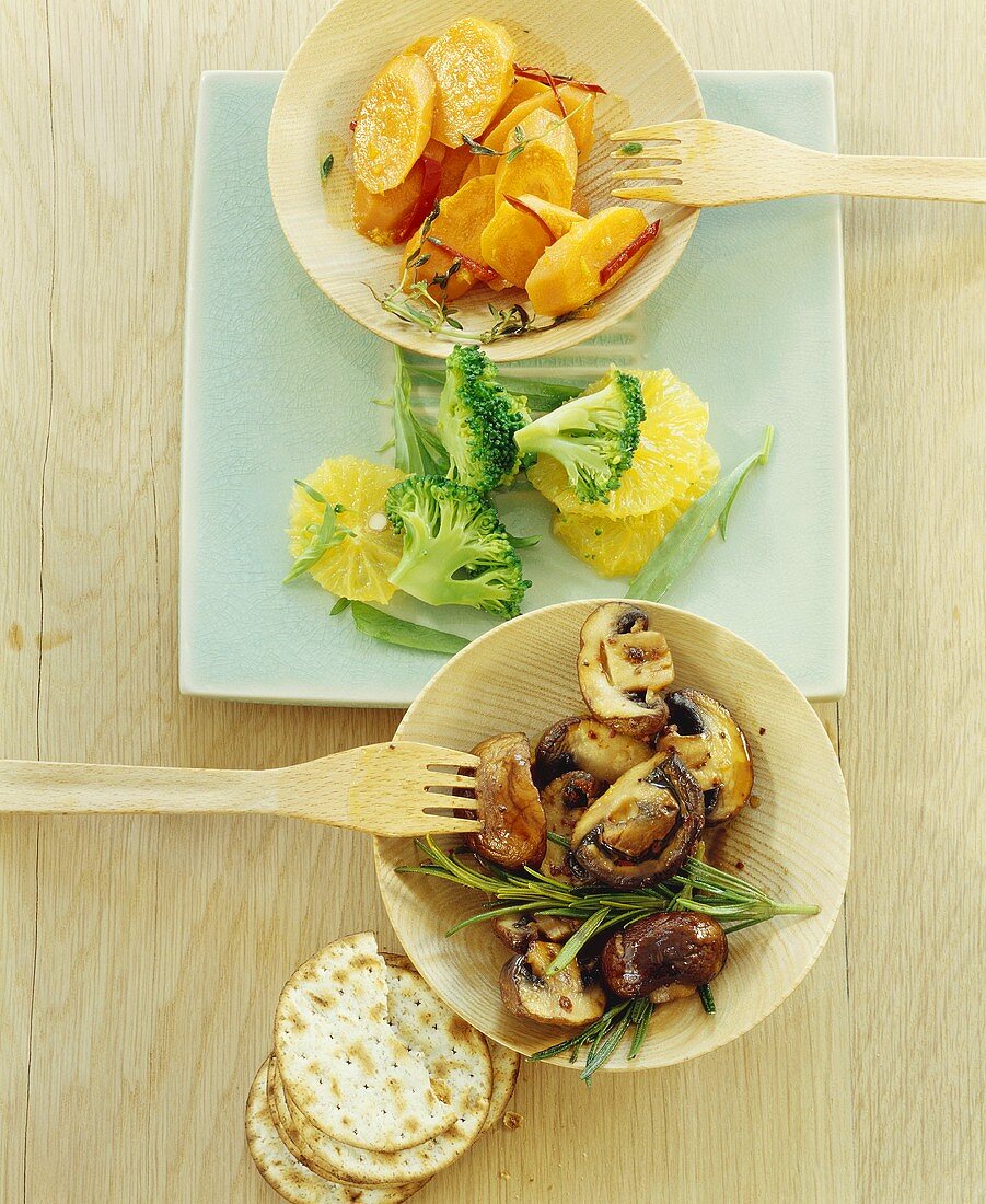 Fried mushrooms, orange and broccoli salad, carrots