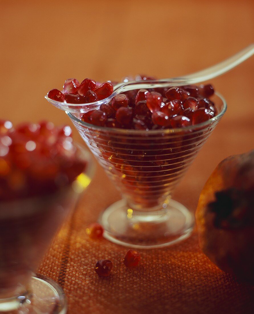 Pomegranate seeds in sundae glass
