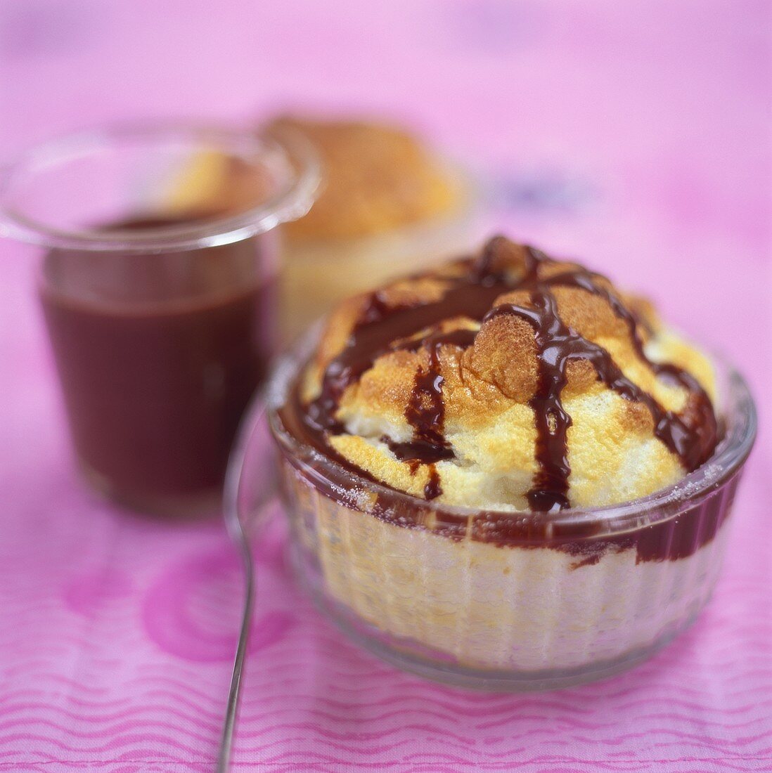 Vanilla soufflé with chocolate sauce