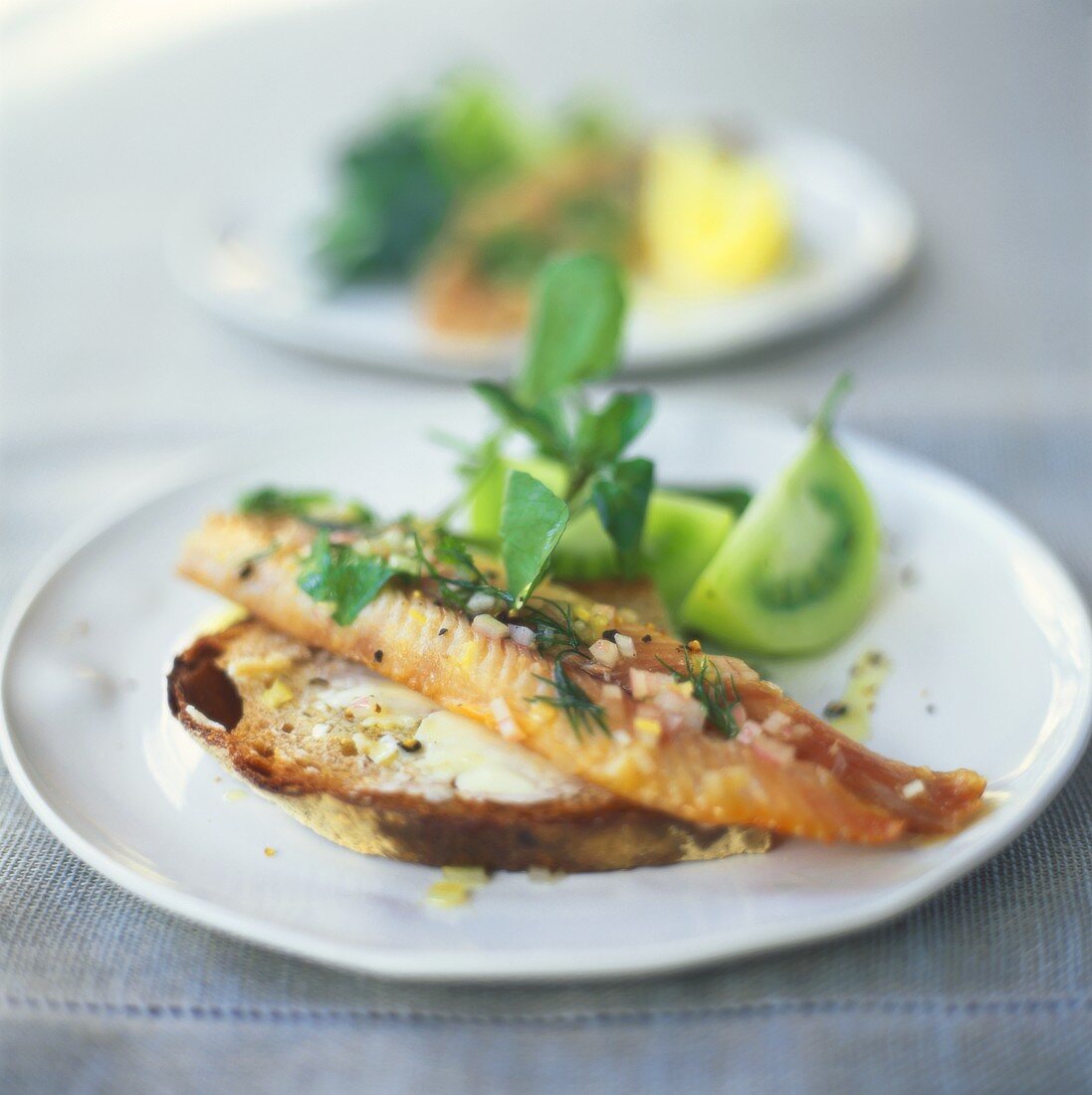 Smoked trout fillet on a slice of bread and butter