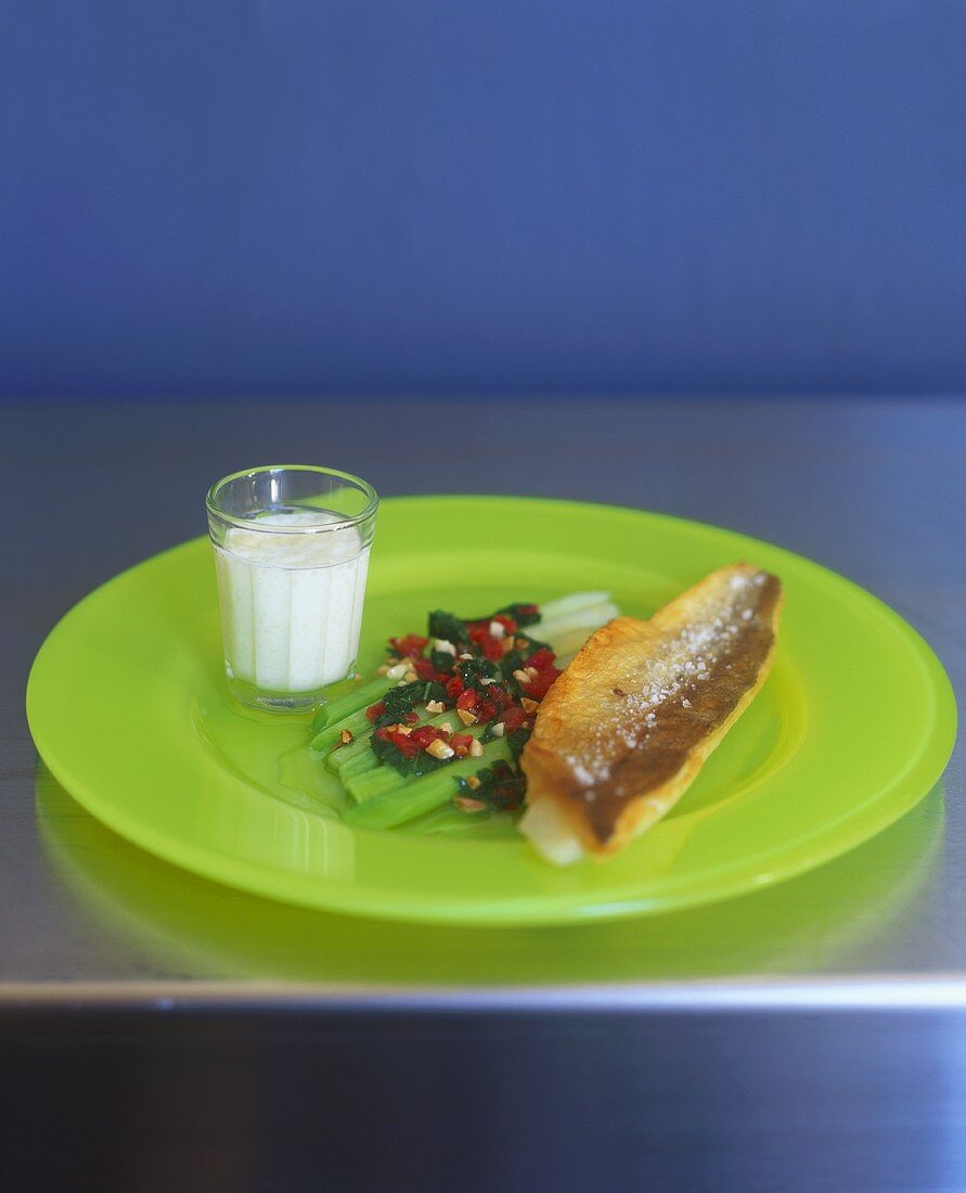 Fried whiting with marinated leeks and cheese dip