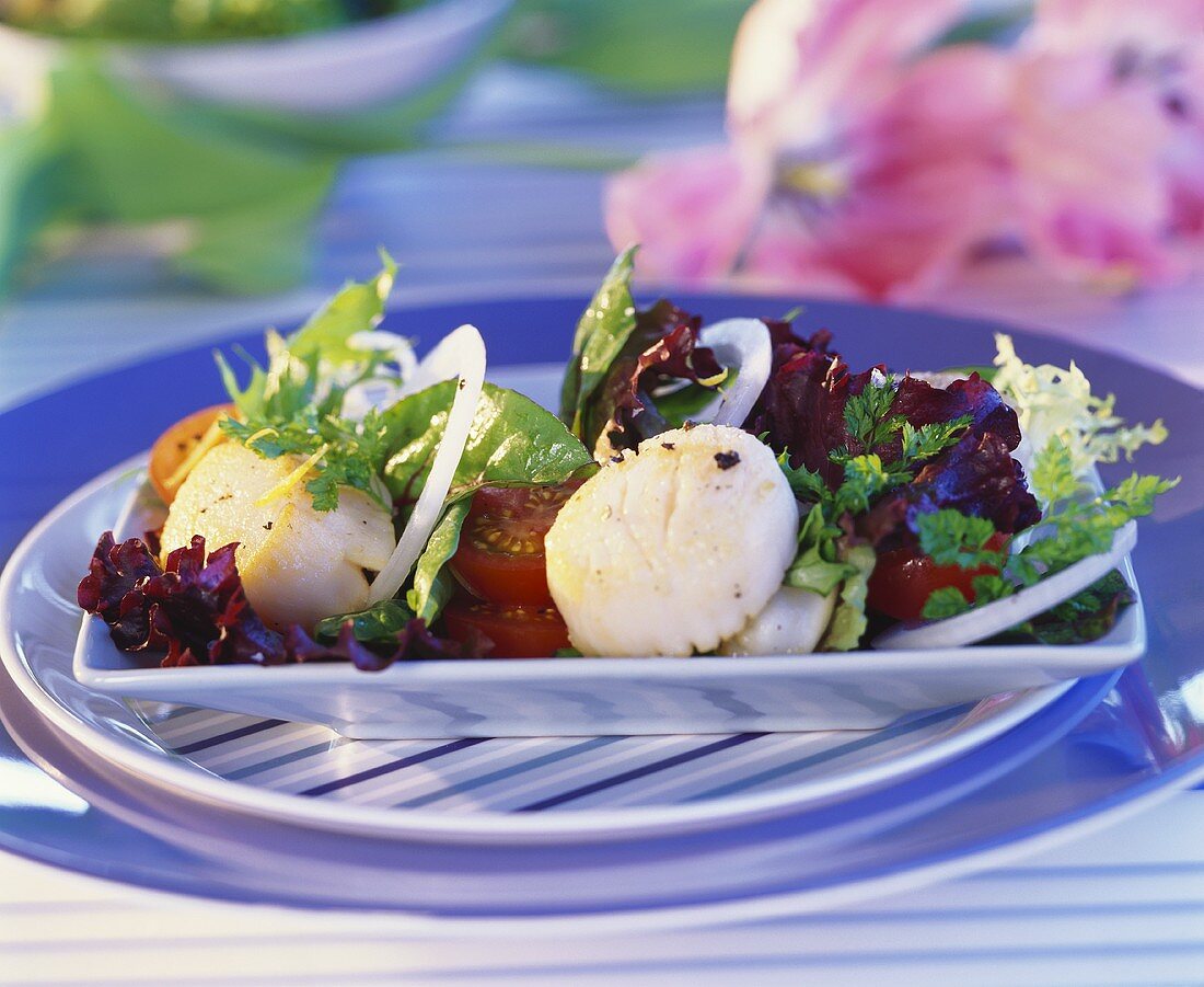 Salad leaves with fried scallops and chervil