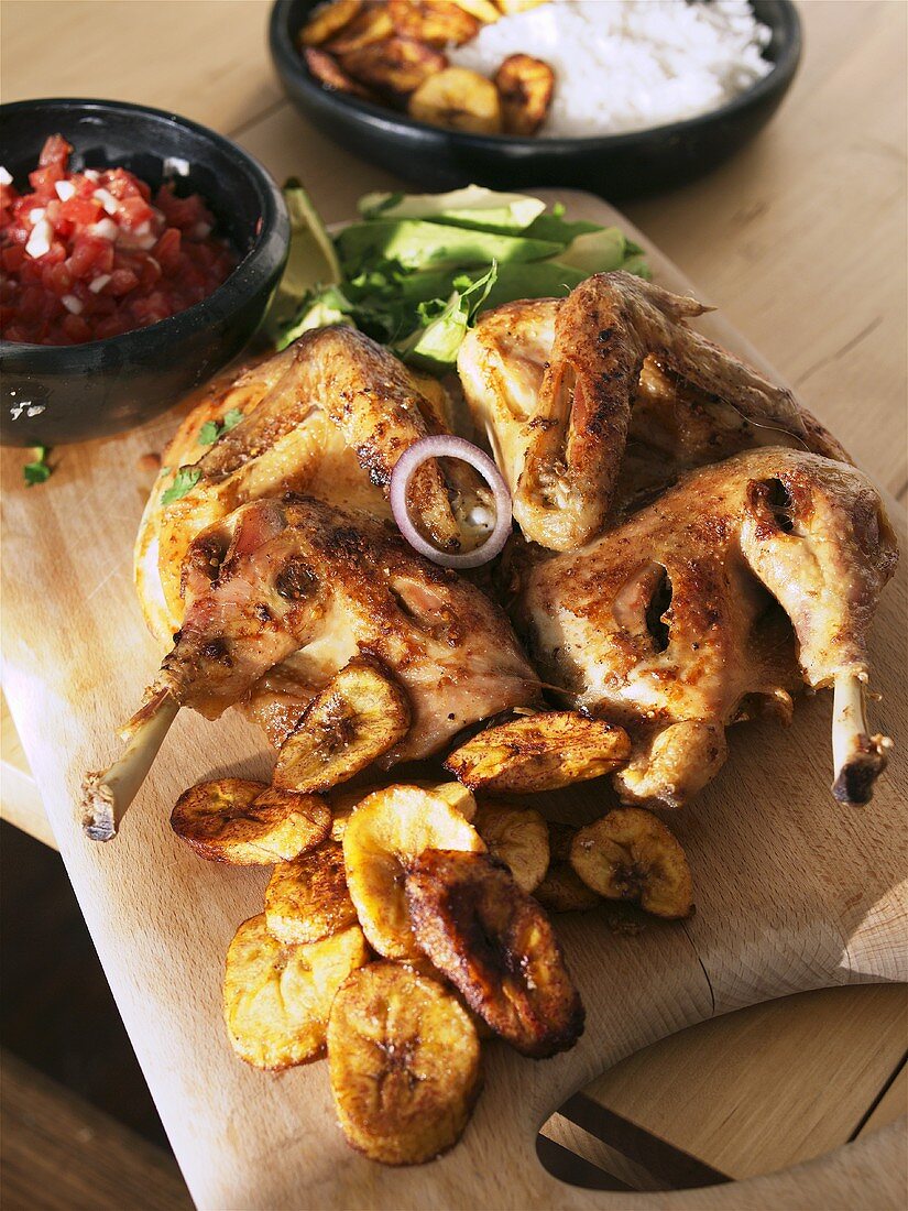 Roast chicken with fried banana slices