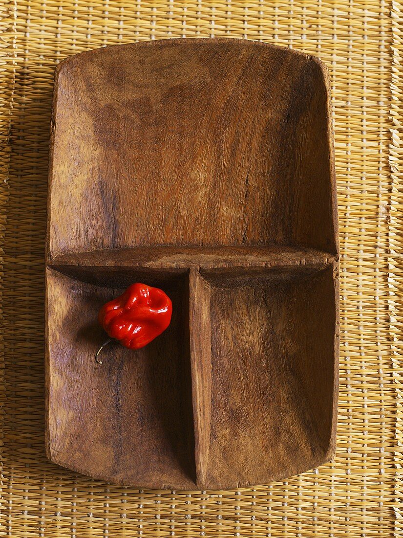 Eine rote Habanero Chilischote in einer Holzschale